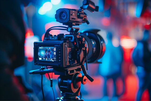 Kamera filmowa na planie zdjęciowym w niebiesko-czerwonym świetle