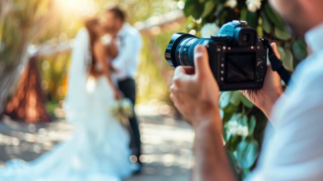 Fotograf robi zdjęcie parze młodej w plenerze