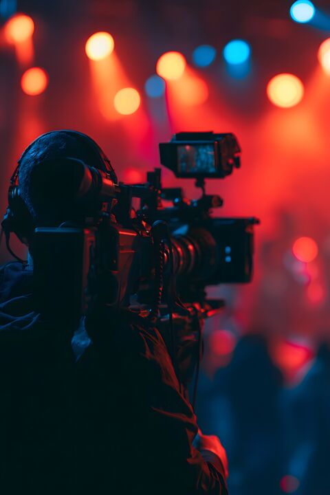 Operator z kamerą filmowy wydarzenie w czerwonym świetle sceny